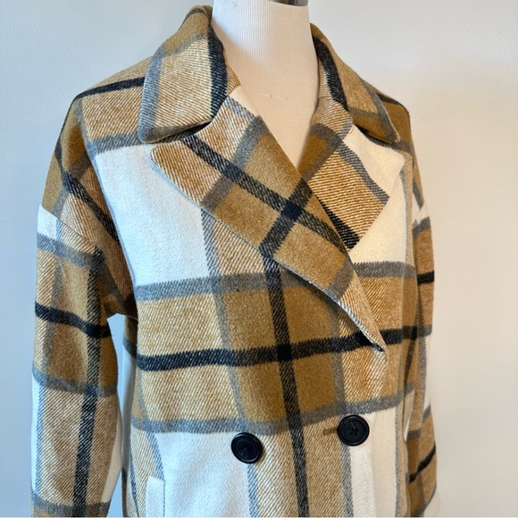 Missguided Tan Cream White Plaid Warm Long Peacoat, size US 6 - Picture 4 of 16
